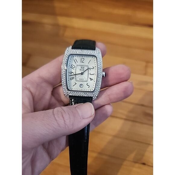 Nolan Miller Glamor Collection Ladies Watch Black Leather Band Rhinestones Bling - Picture 3 of 5